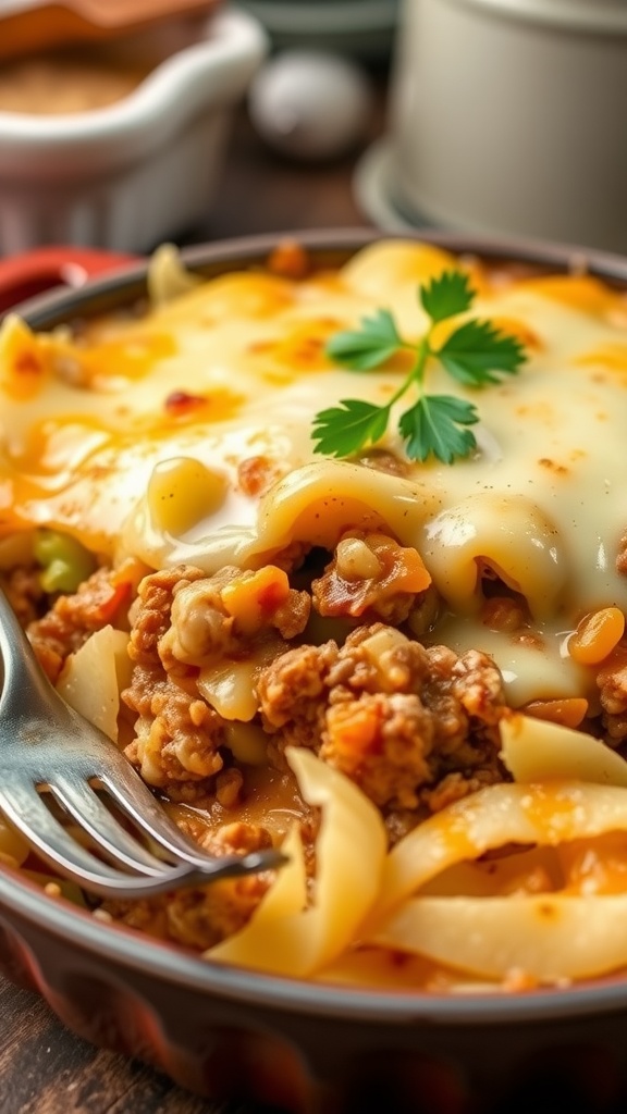 A comforting cabbage casserole with ground beef and melted cheese, garnished with parsley, on a rustic table.